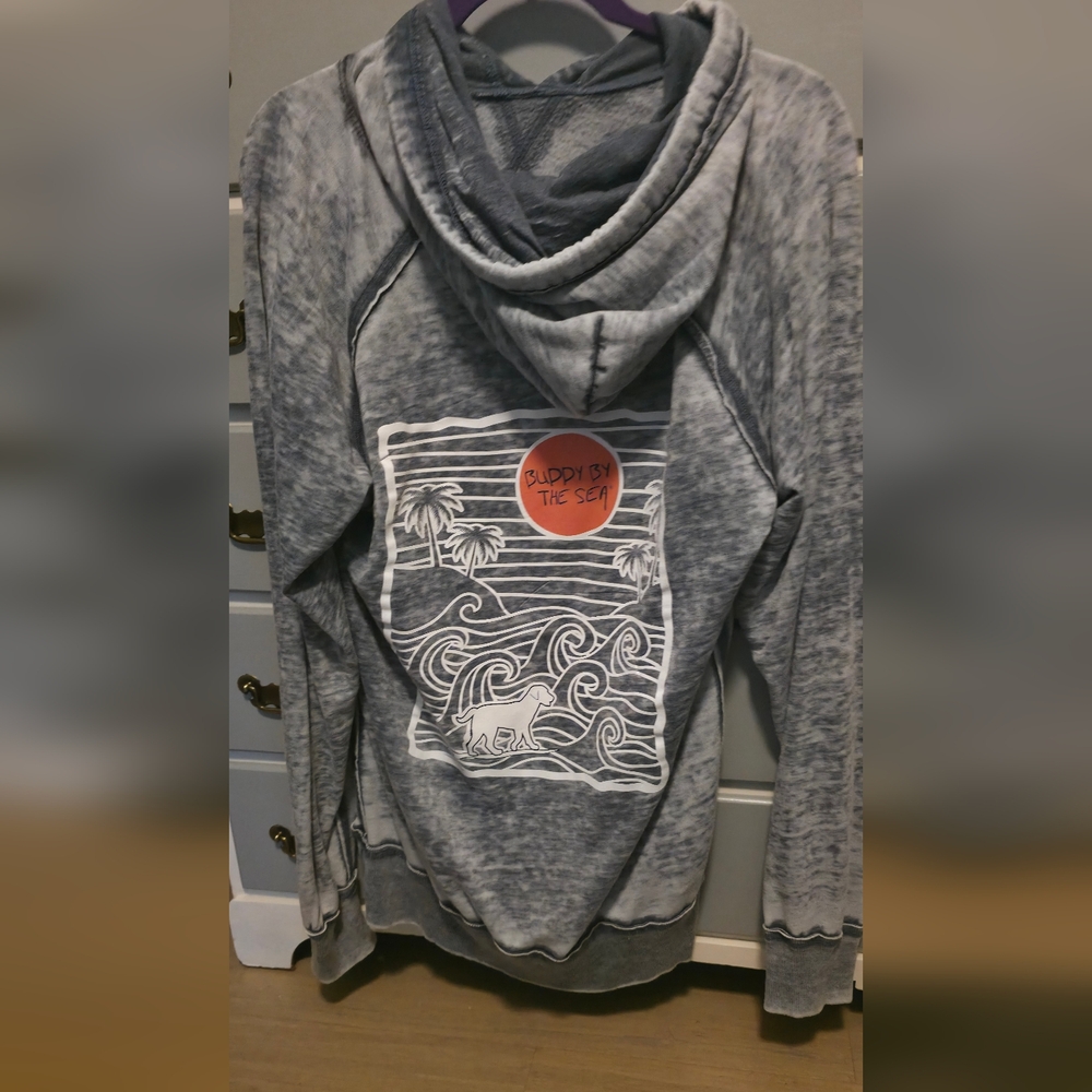 Grayish Blue Hoodie with Dog And Surf Print